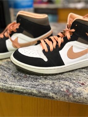 Nike Air Jordan 1 Mid Sneakers in Black, White & Peach